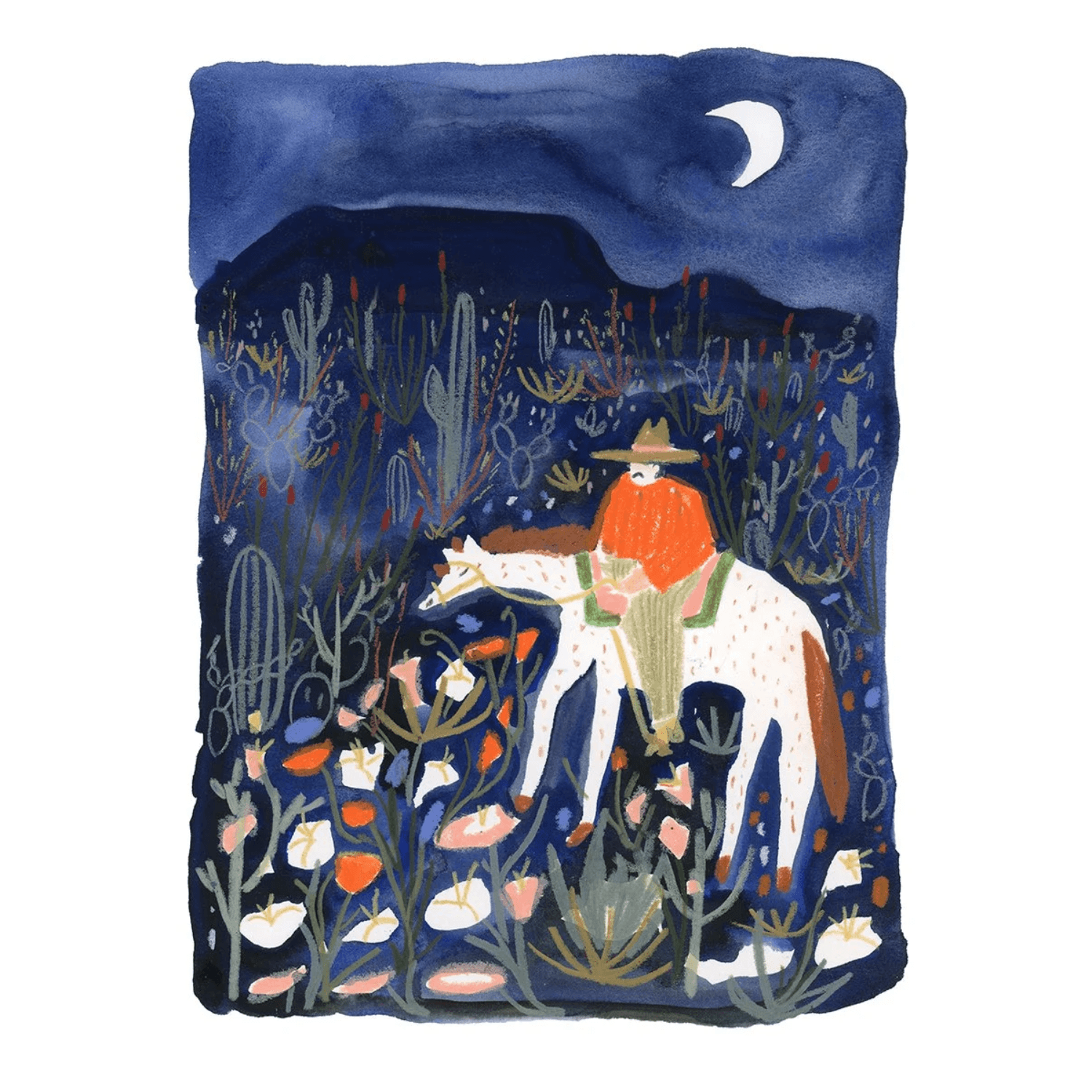 Illustration of a cowboy riding a horse through a desert landscape with succulents and a moonlit sky with a white boarder. 
