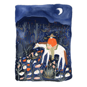 Illustration of a cowboy riding a horse through a desert landscape with succulents and a moonlit sky with a white boarder. 