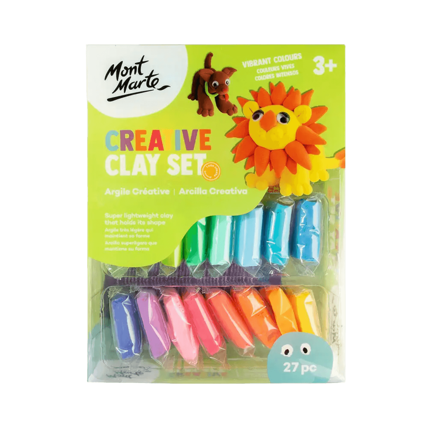 Mont Marte creative clay set packaging with colorful clay sticks and a lion sculpture on a green background.