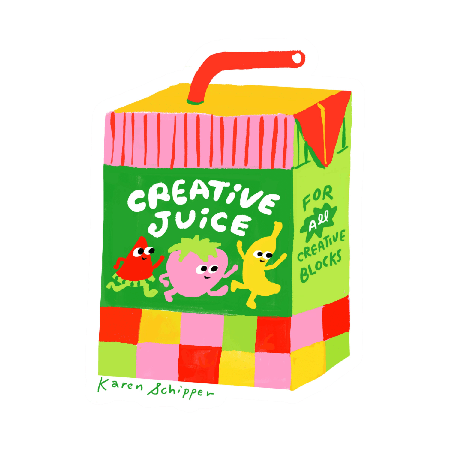 Cartoon juice box labeled 'Creative Juice' with colorful design