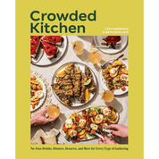 Book cover for 'Crowded Kitchen' by Lexi Harrison and Beth Sinclair, featuring a yellow background with a central food gathering photograph and the title in large dark green text.