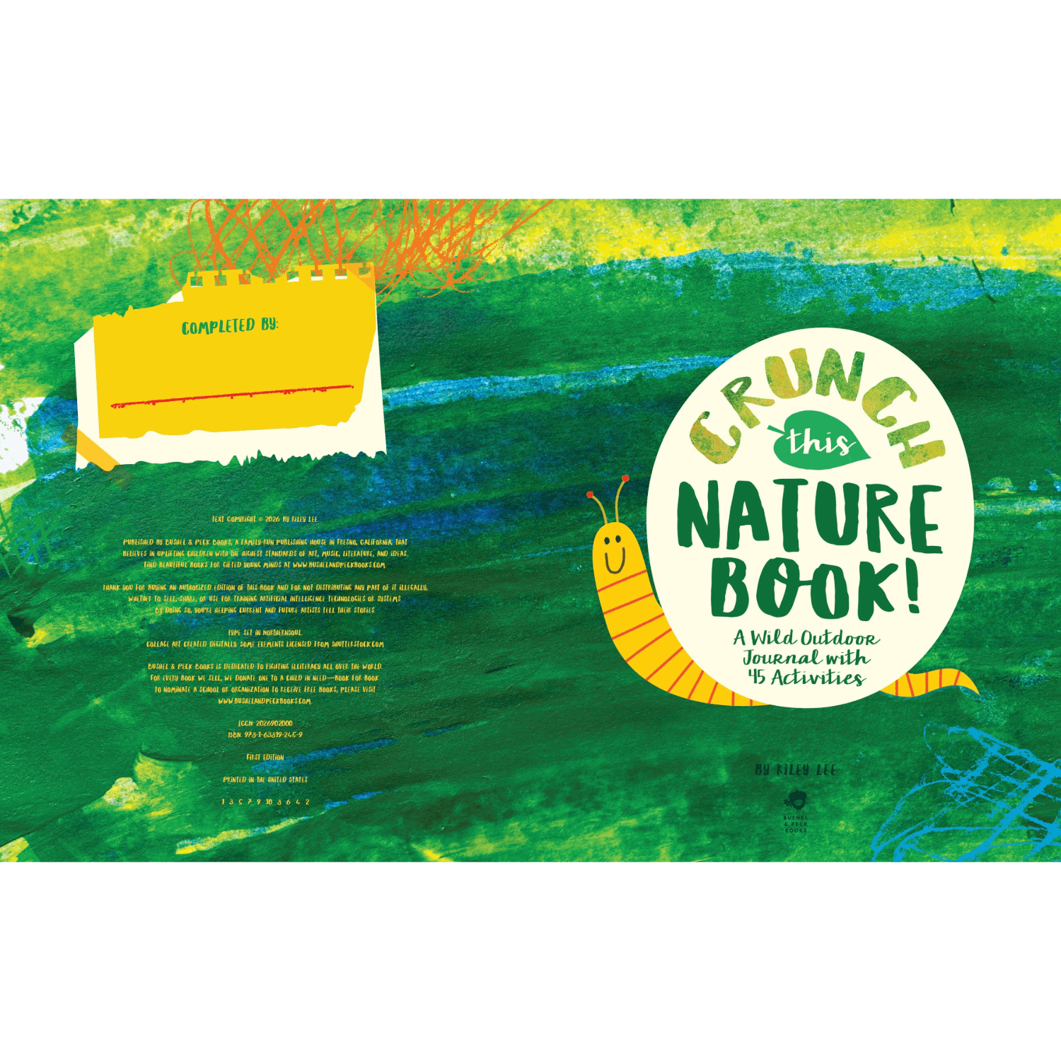 Page of 'Crunch this Nature Book!' with a colorful design and worm illustration on a green background.