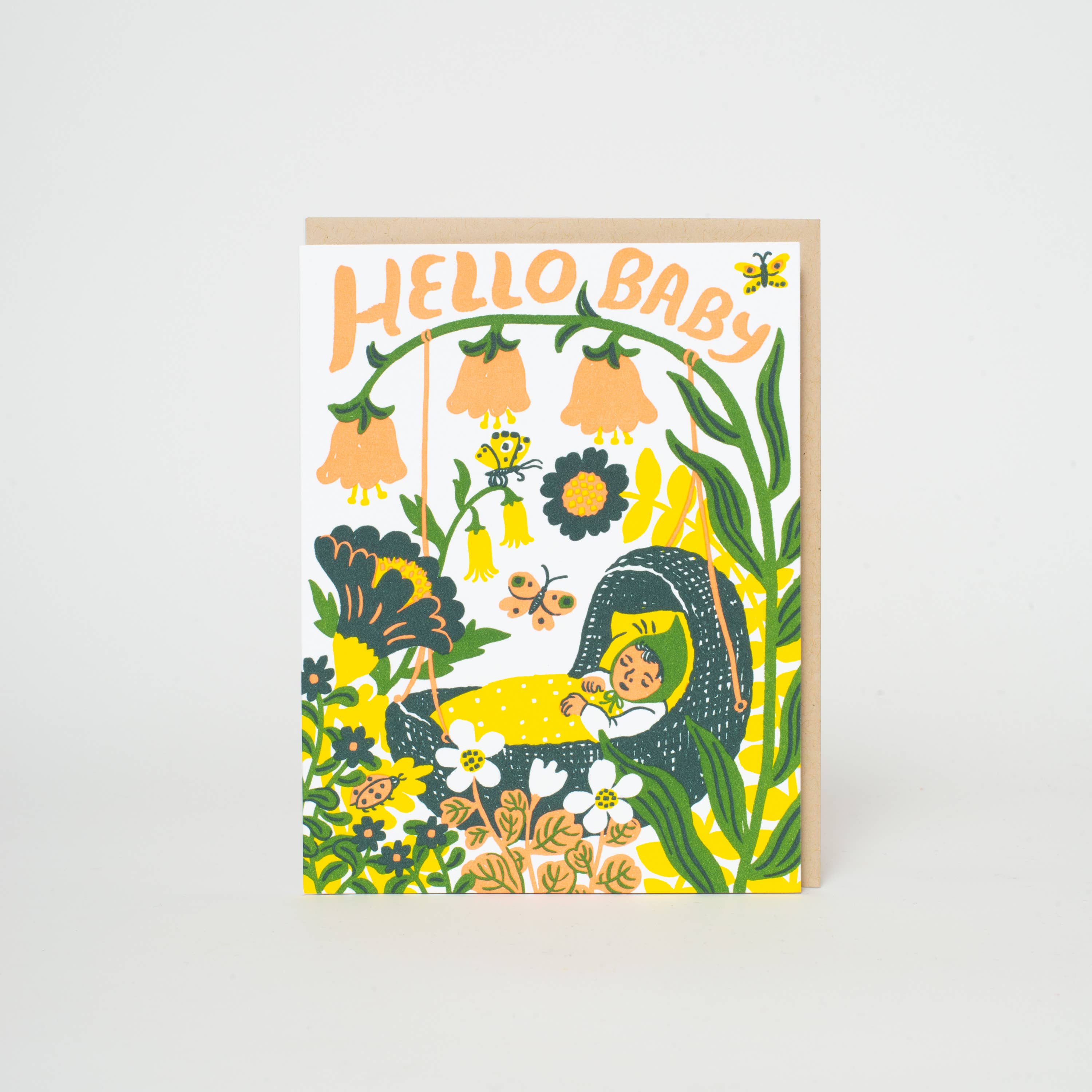 Hello Baby Bassinet (Yellow) Letterpress Greeting Card