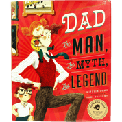 Book cover of 'Dad: The Man, The Myth, The Legend' with illustration of a woman holding a child and text on a red background.