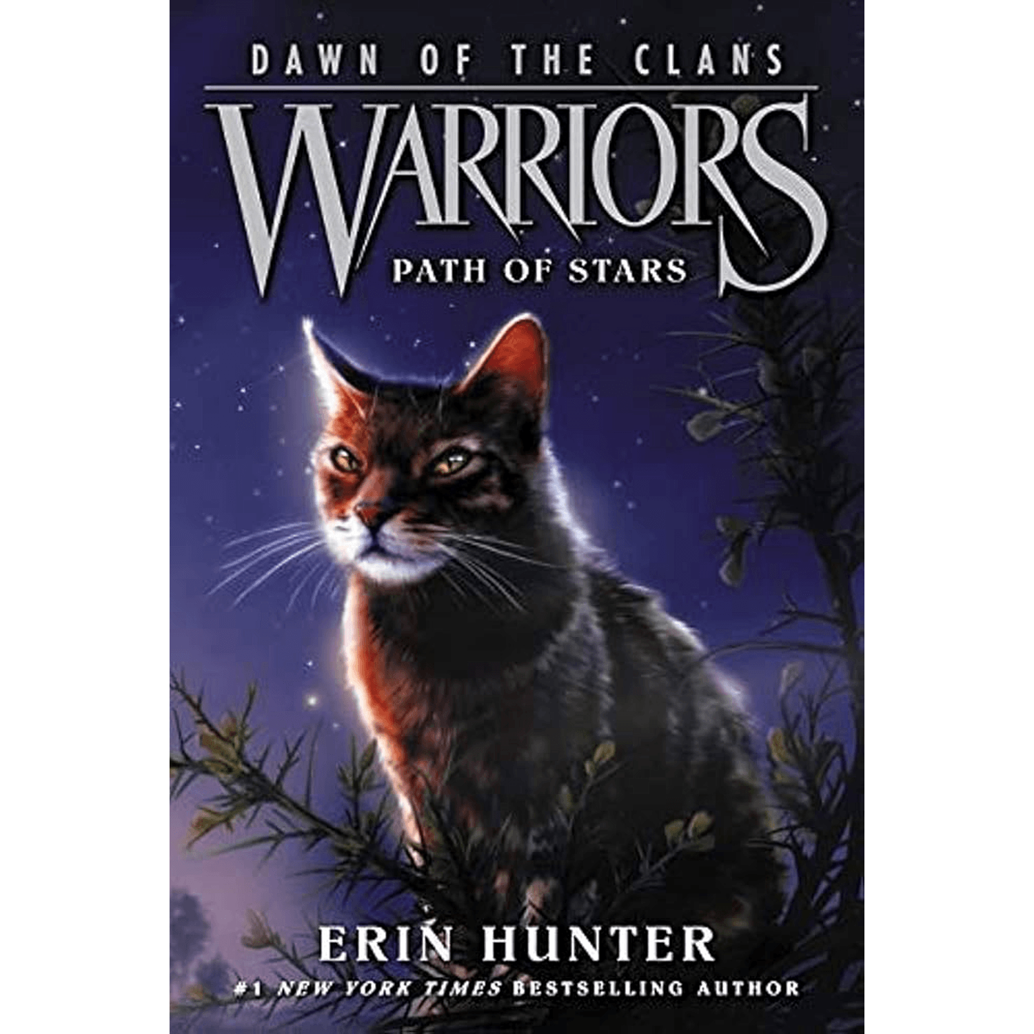 Book cover of 'Warriors: Path of Stars' by Erin Hunter featuring a cat in a tree against a starry sky.