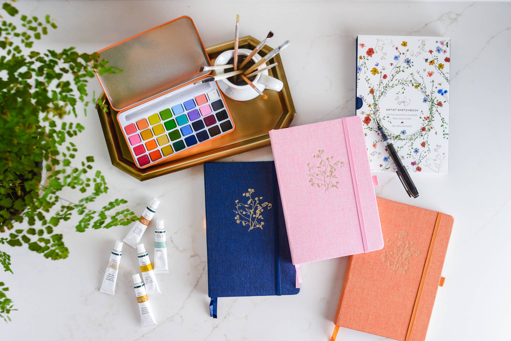 Navy Blue | Gold Floral Embossed Linen Sketchbook