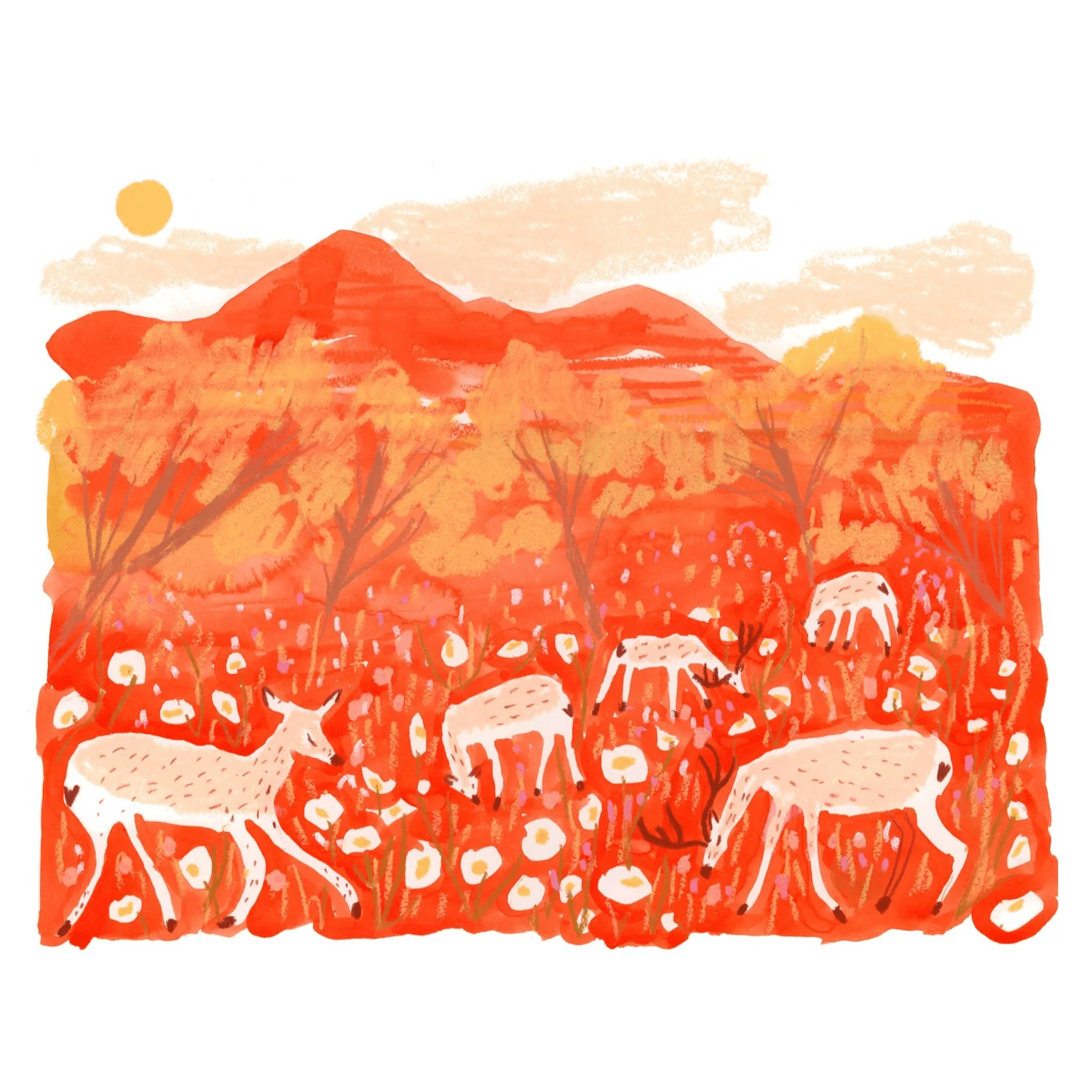Illustration of deer in a desert with a high sun and a red and orange color scheme