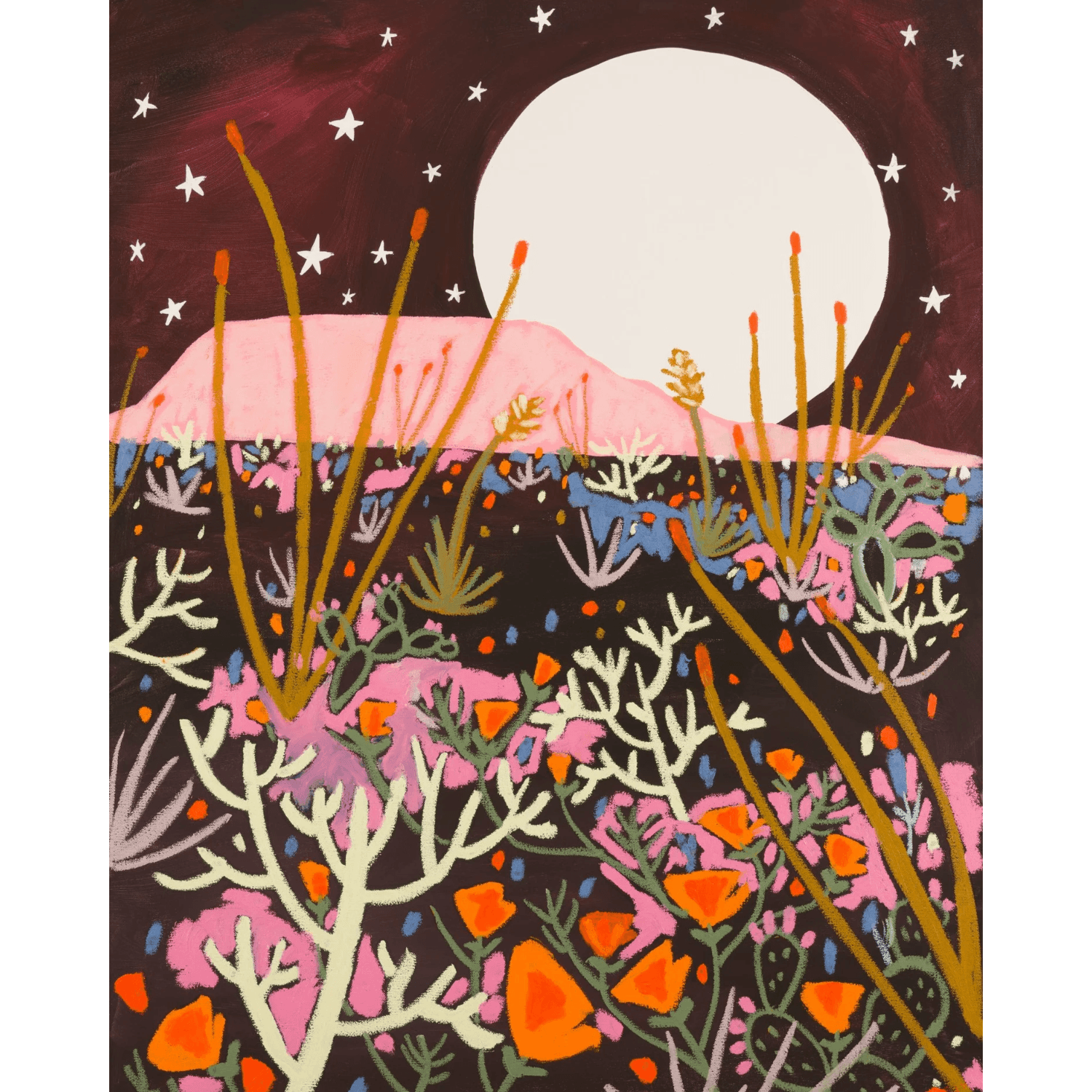 Artistic depiction of a night sky with a massive full moon, stars, and various desert plants on a dark background.