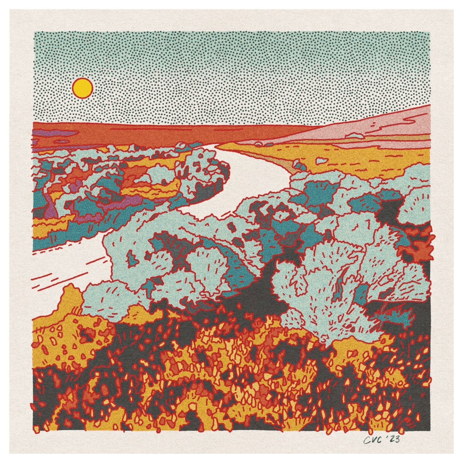 Colorful abstract landscape with a sun in the sky