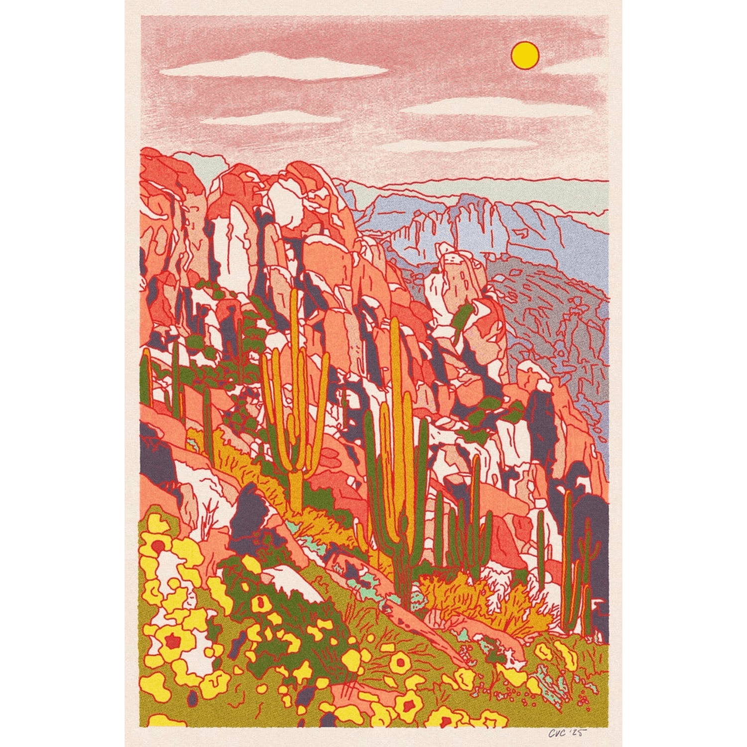 Colorful illustration of a desert landscape with cacti and mountains.