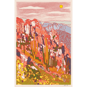 Colorful illustration of a desert landscape with cacti and mountains.