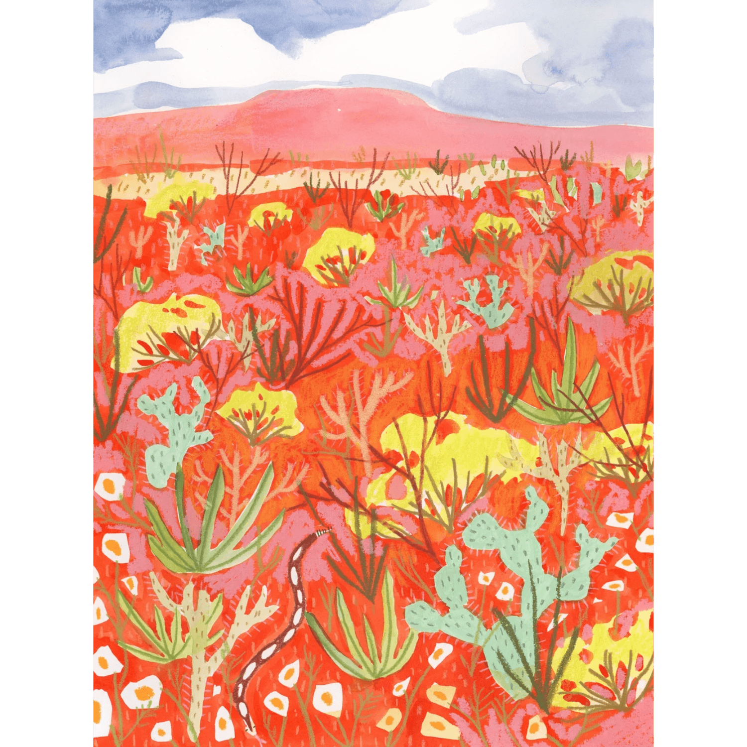 Colorful red desert landscape with cacti and shrubs against a blue sky.
