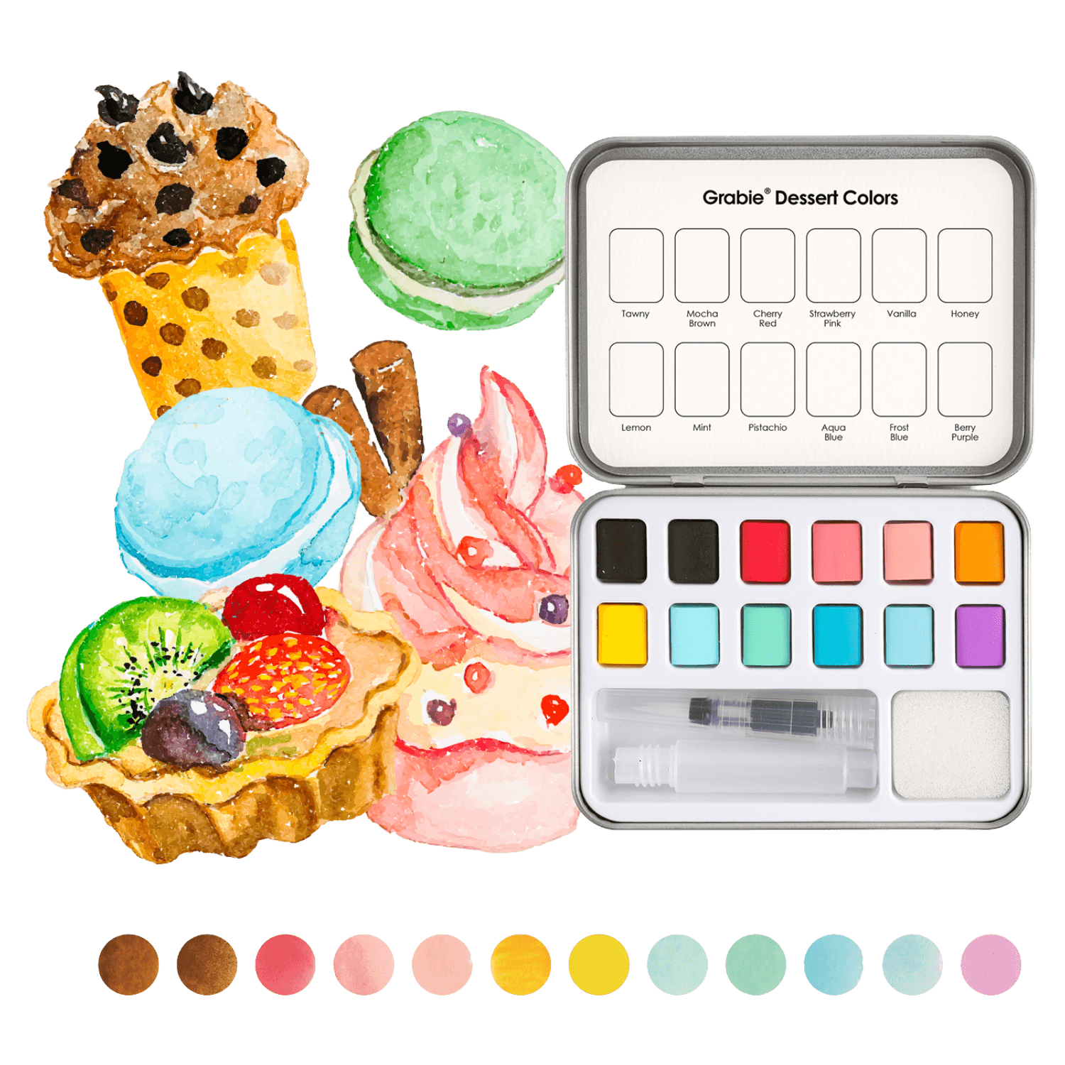 Dessert Colors | Watercolor, Pocket Set Of 12 With Brush