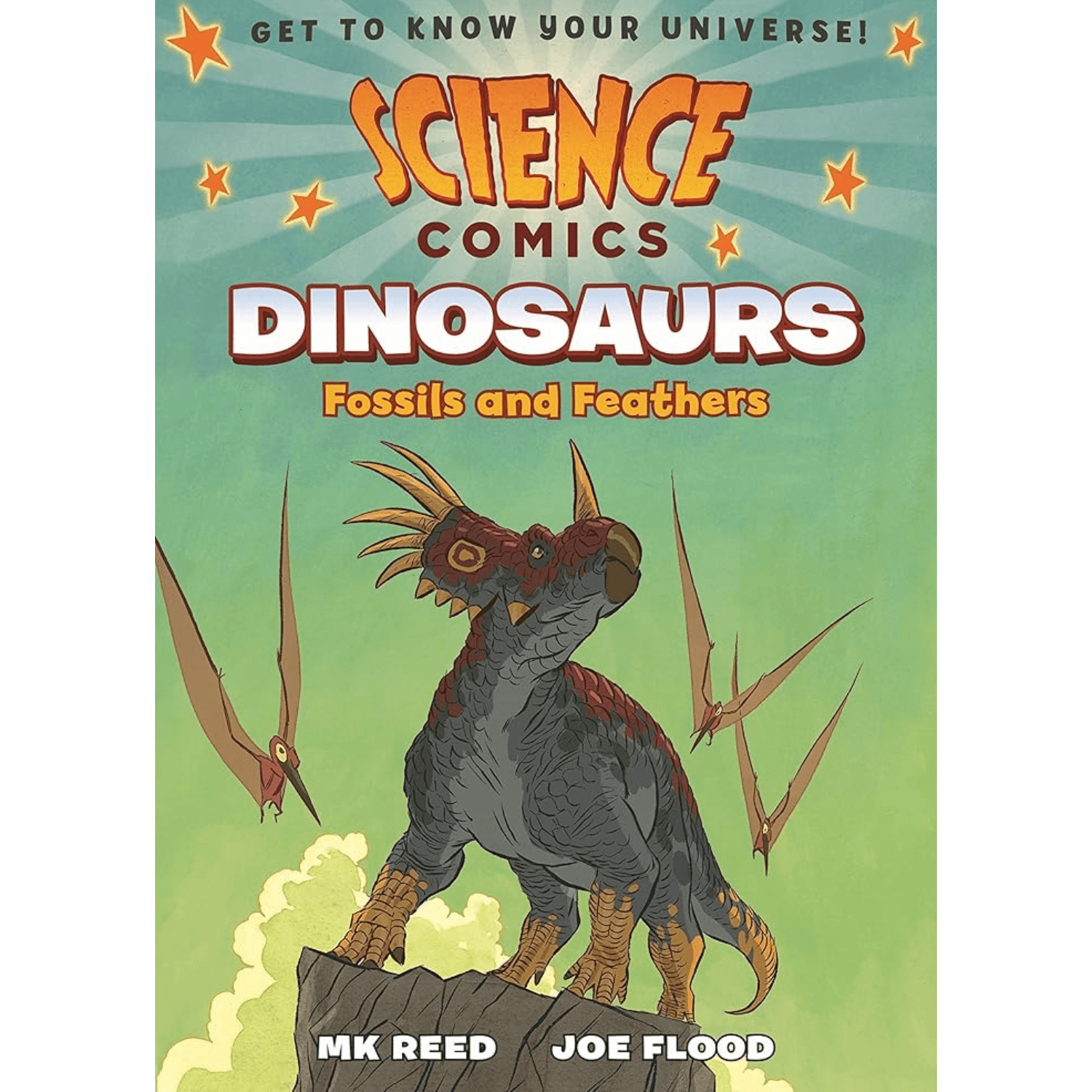 Book cover of 'Science Comics: Dinosaurs' with a dinosaur illustration on a green background.
