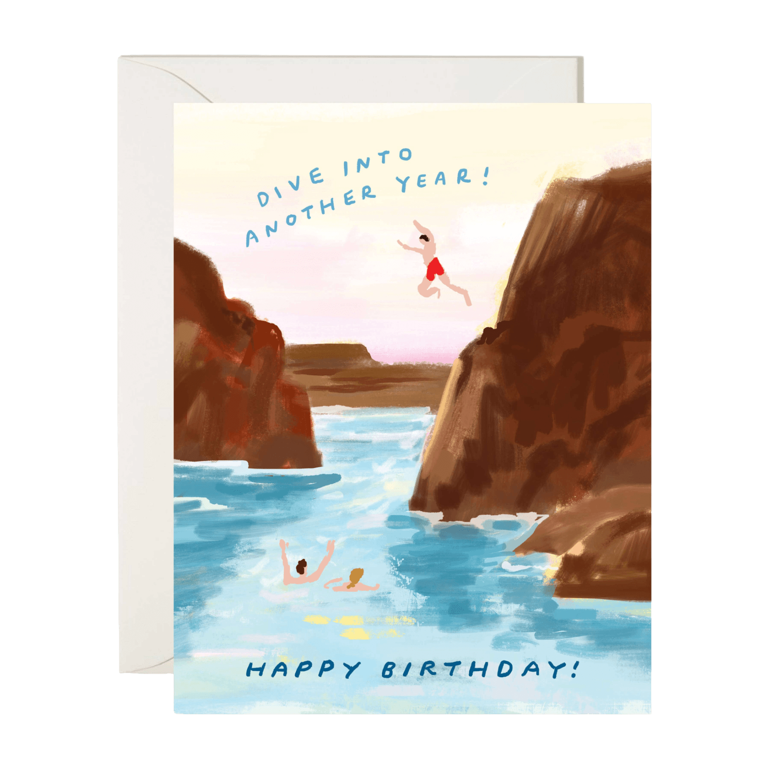 Birthday card with illustration of people jumping into water from cliffs, text 'Dive into another year! Happy Birthday!'