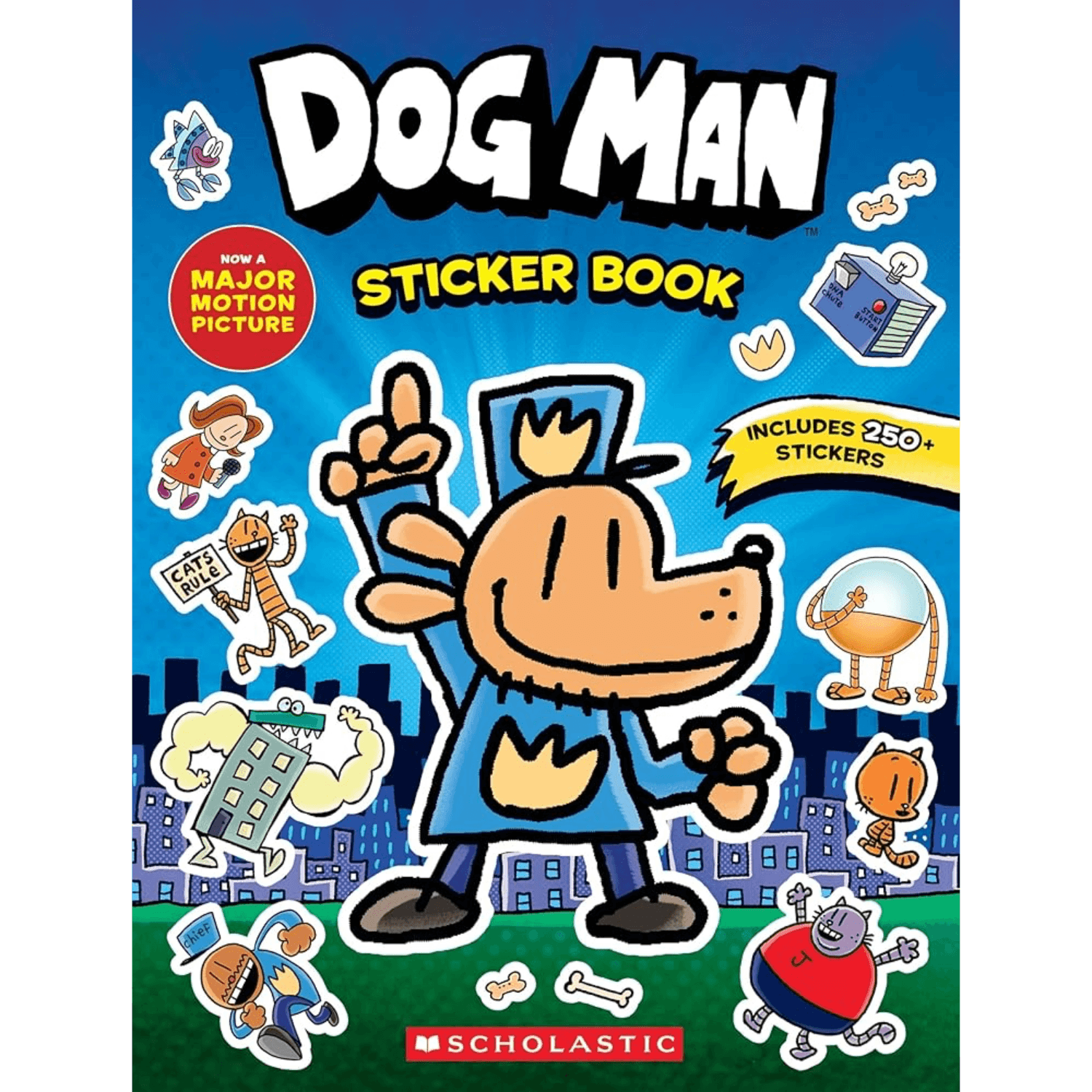 Dog Man sticker book cover with cartoon dog character and colorful design
