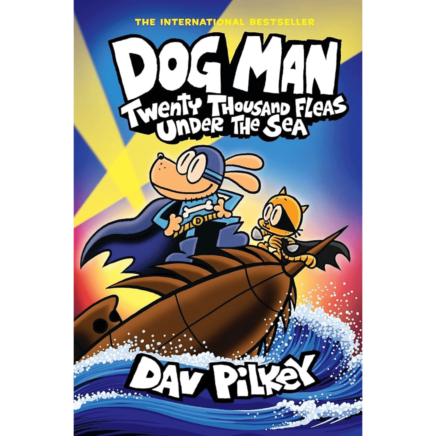 Book cover of 'Dog Man: Twenty Thousand Fleas Under the Sea' by Dav Pilkey with a cartoon dog character on a boat.