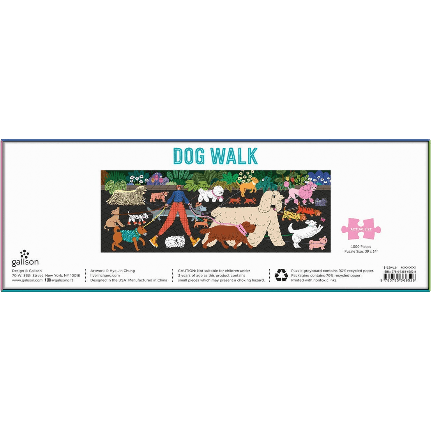 Puzzle packaging for 'Dog Walk' featuring illustrations of people and dogs in various outdoor settings.