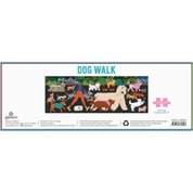 Puzzle packaging for 'Dog Walk' featuring illustrations of people and dogs in various outdoor settings.