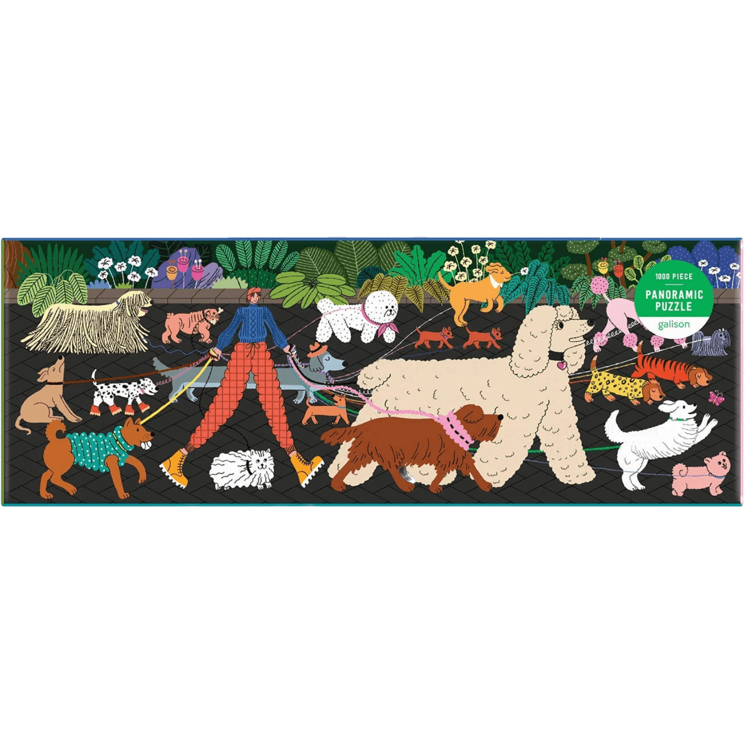 Puzzle box with a colorful illustration of a person walking dogs in a park setting.