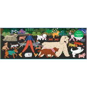 Puzzle box with a colorful illustration of a person walking dogs in a park setting.
