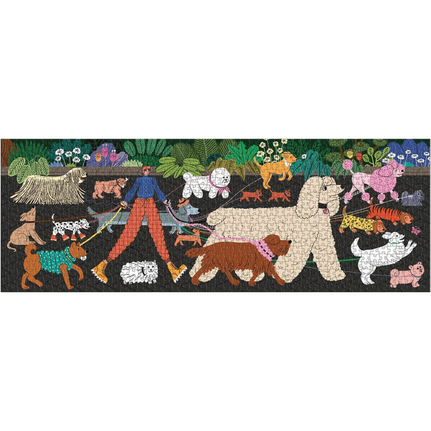 Colorful mosaic artwork of a person walking dogs with various breeds and colors.