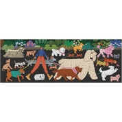 Colorful mosaic artwork of a person walking dogs with various breeds and colors.
