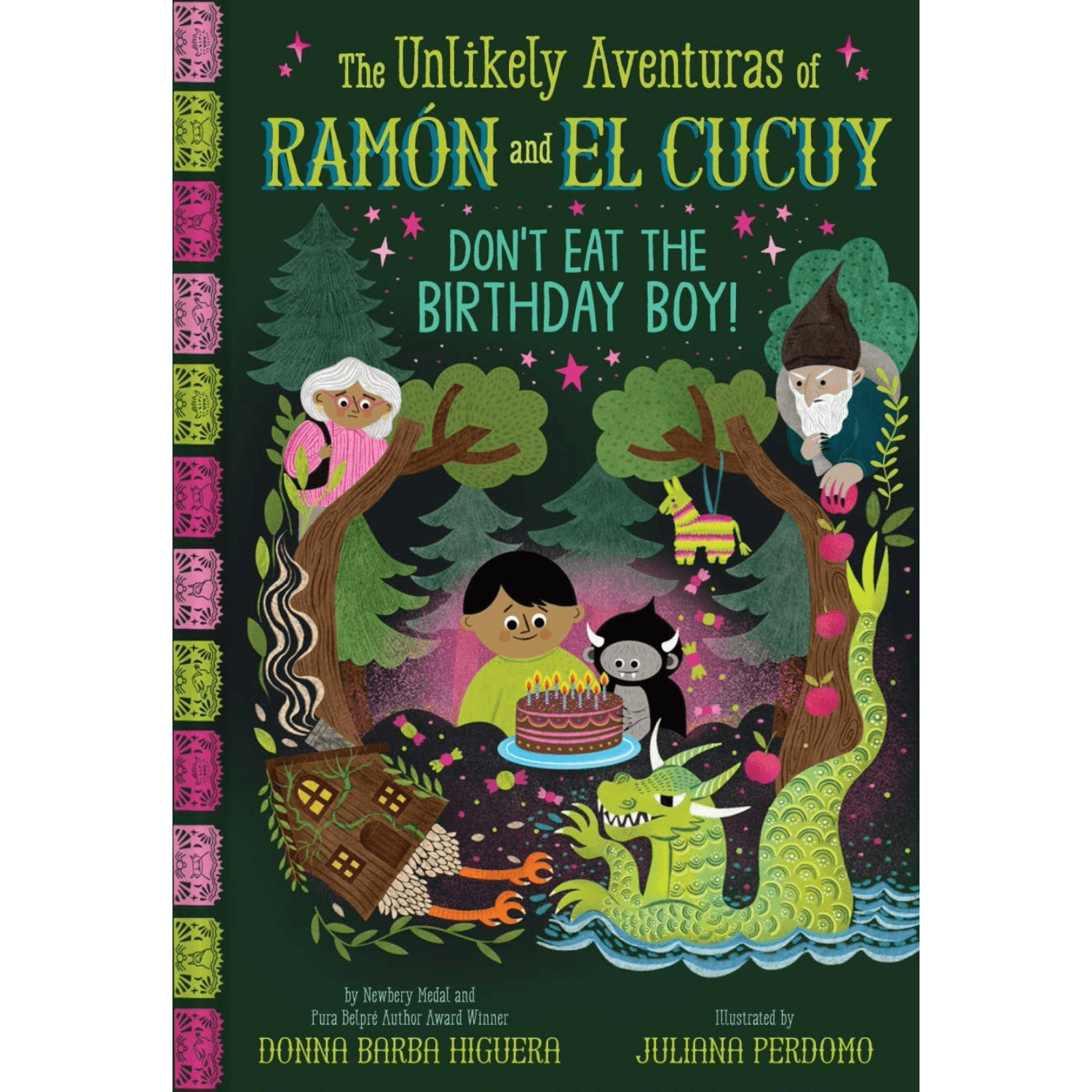 Book cover of 'The Unlikely Aventuras of Ramón and El Cucuy: Don't Eat the Birthday Boy!' with colorful illustration of a boy's birthday in the woods and text.