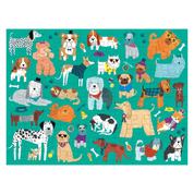 Illustrations of various dogs in different poses and outfits on a teal background
