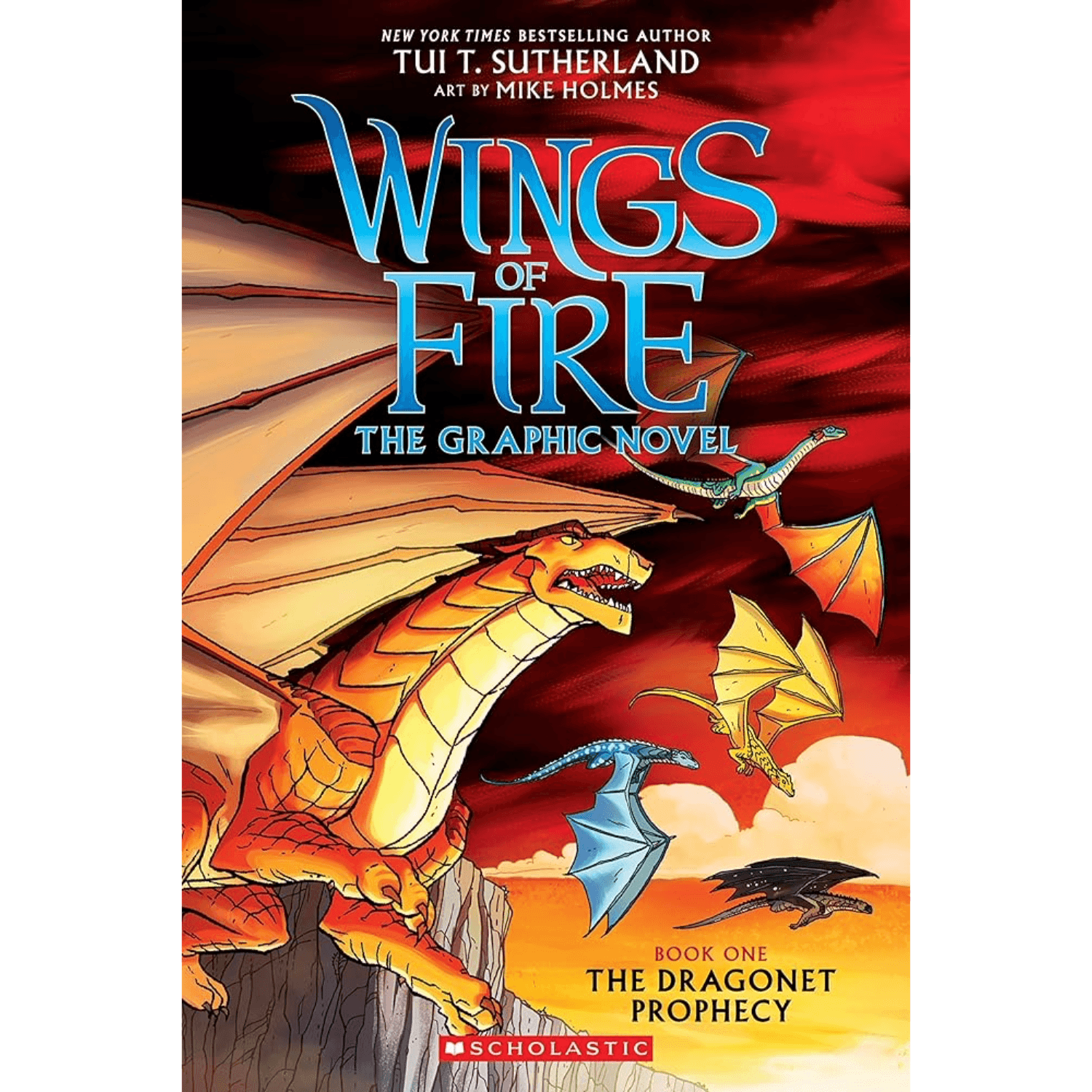 Book cover of 'Wings of Fire: The Graphic Novel' with dragons and red background