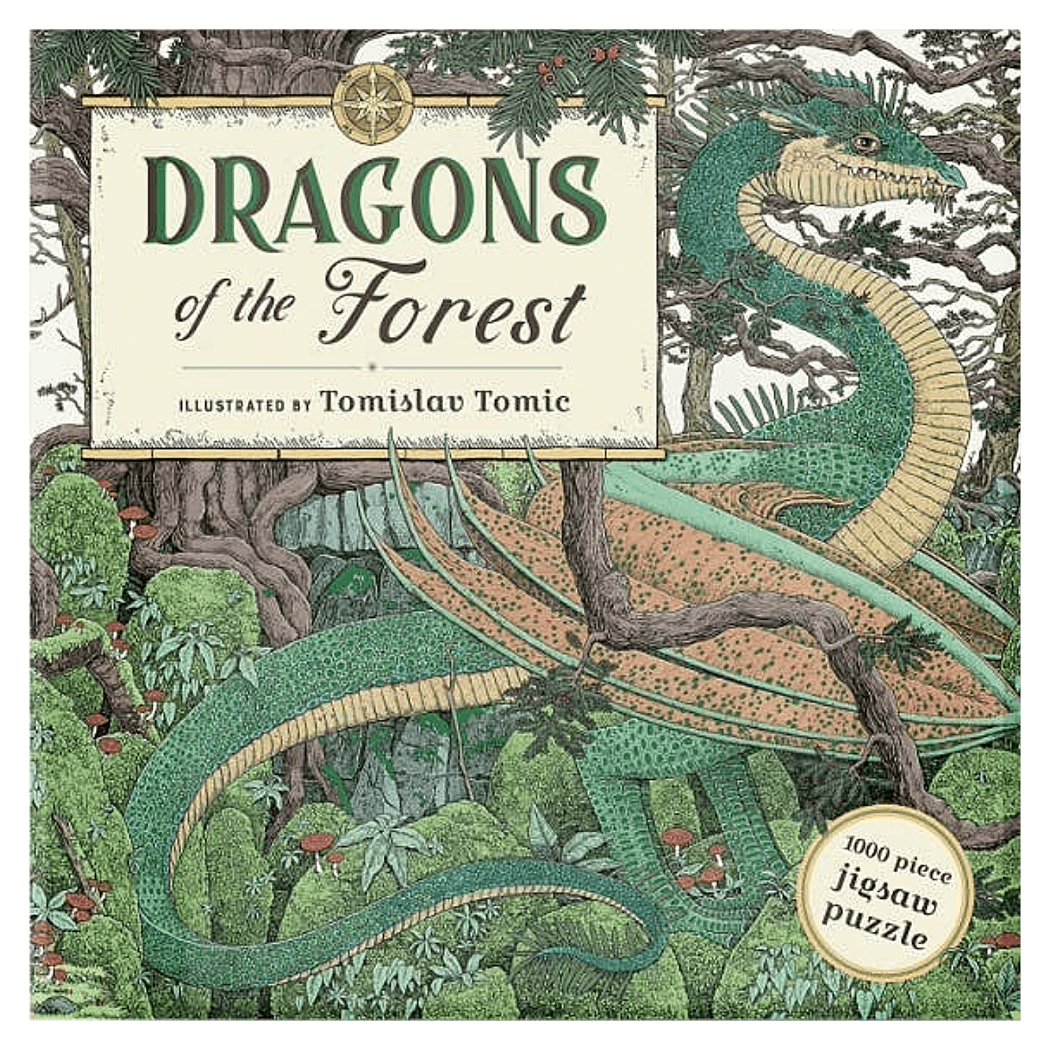Front cover of the 'Dragons of the Forest' 1000-piece jigsaw puzzle by Tomislav Tomic, featuring a detailed fantasy illustration of a green dragon winding through a dense forest.