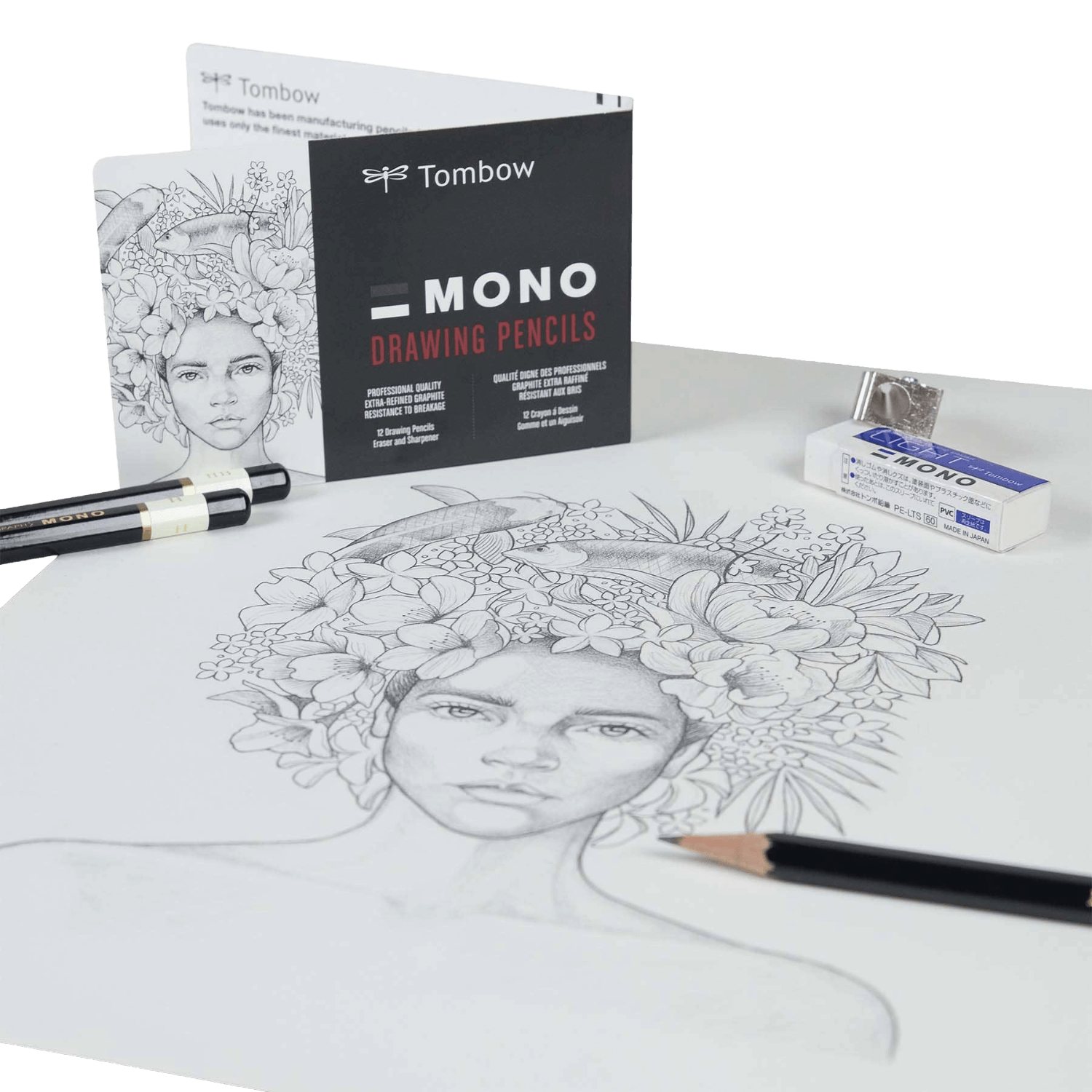 Tombow drawing pencils and eraser on a table with a partially completed artwork.