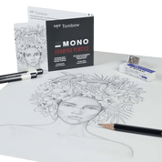 Tombow drawing pencils and eraser on a table with a partially completed artwork.