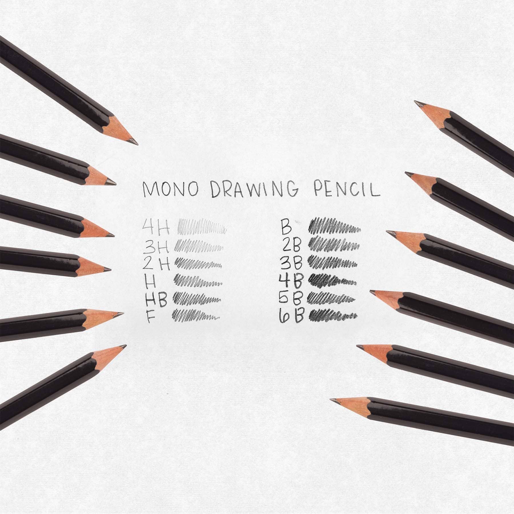 Set of mono drawing pencils with hardness grades on a white background