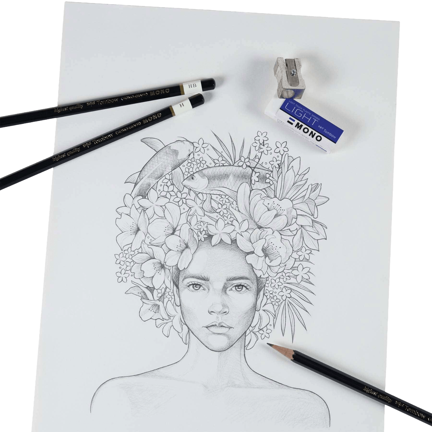 Line drawing of a woman with floral headpiece on paper with art supplies