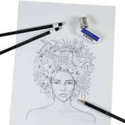 Line drawing of a woman with floral headpiece on paper with art supplies