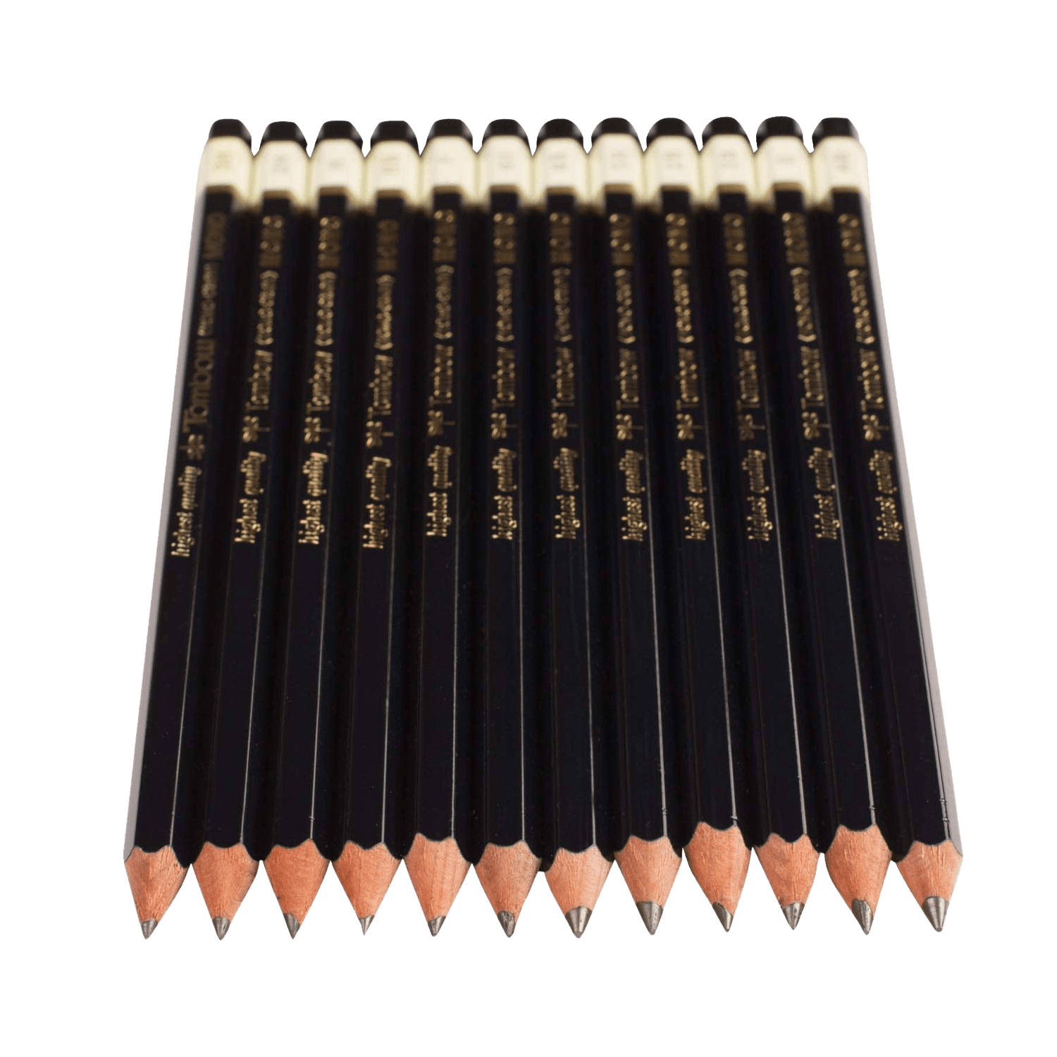 Set of black sharpened pencils with branded caps.