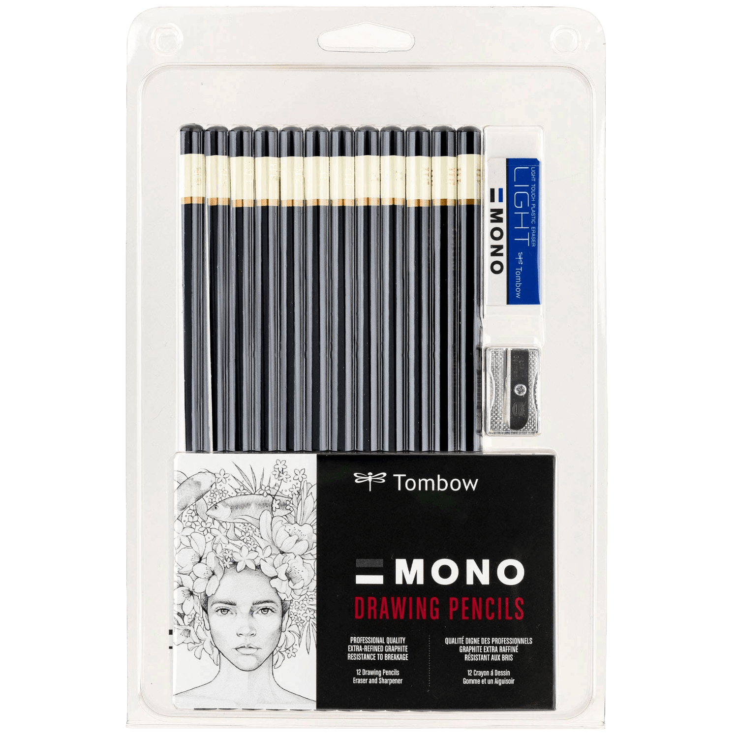 Packaging of Tombow Mono drawing pencils with a white background