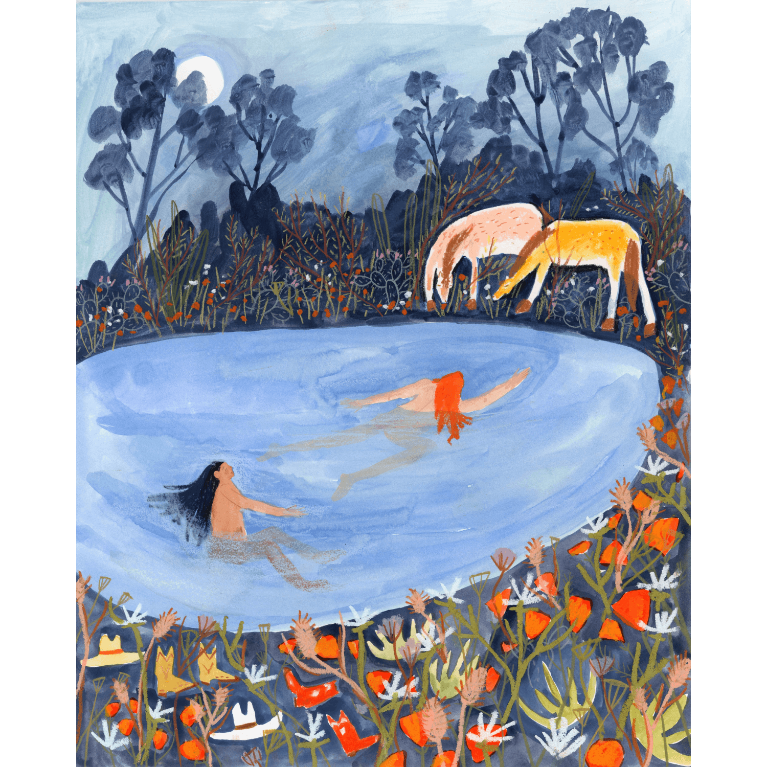 Artistic illustration of two women swimming in a pond with deer and nature around them.