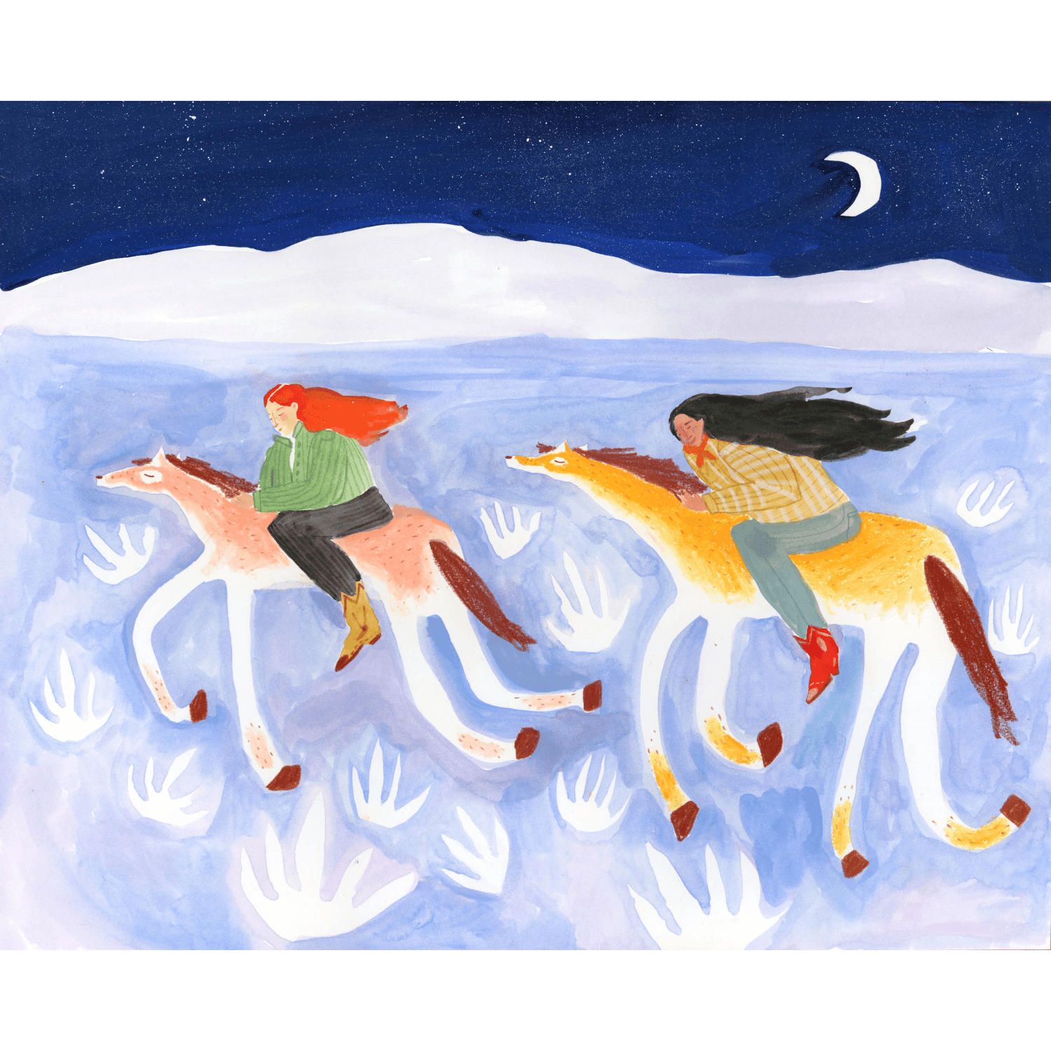 Two cowgirls riding horses in a snowy landscape under a moonlit sky.
