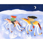 Two cowgirls riding horses in a snowy landscape under a moonlit sky.