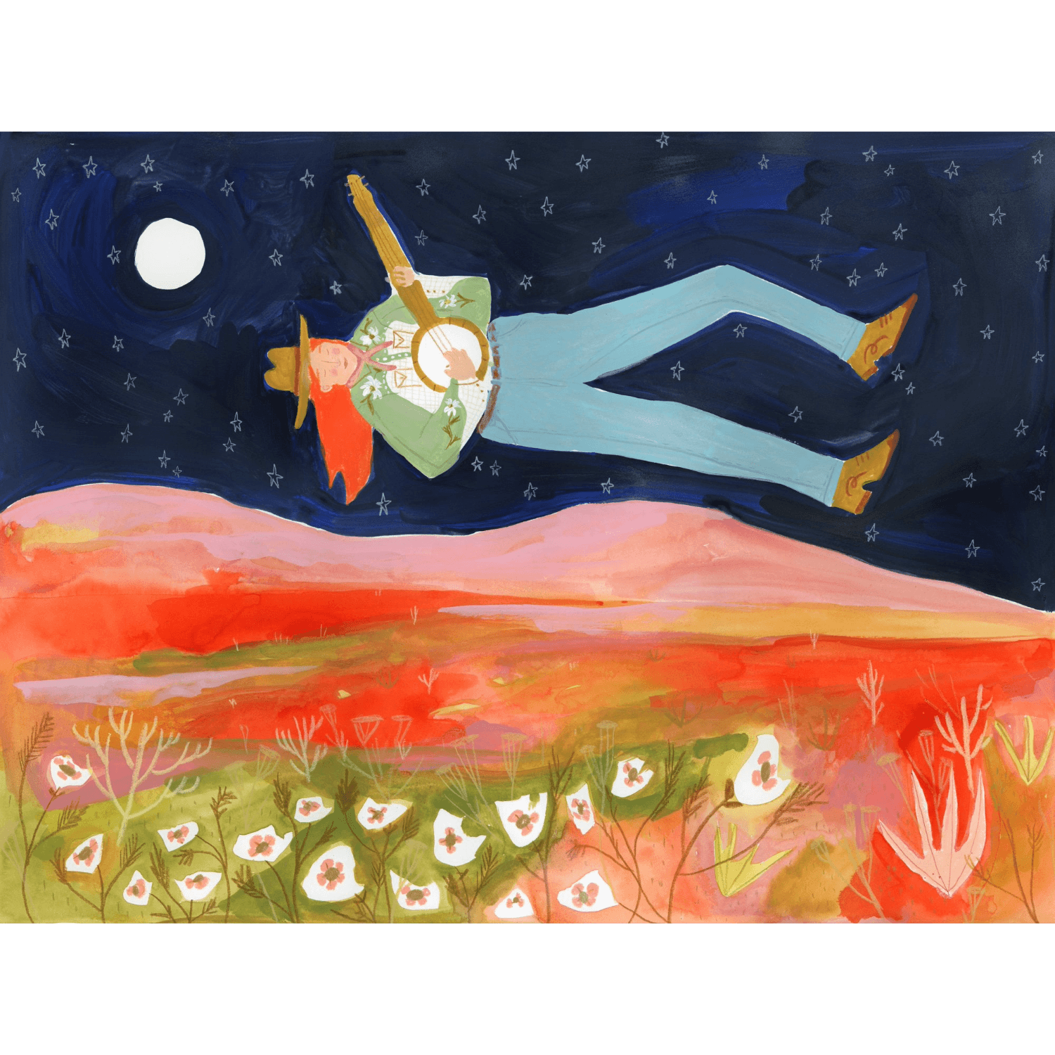 Illustration of a cowgirl lying in the stars with a full moon holding a banjo and a red desert landscape.