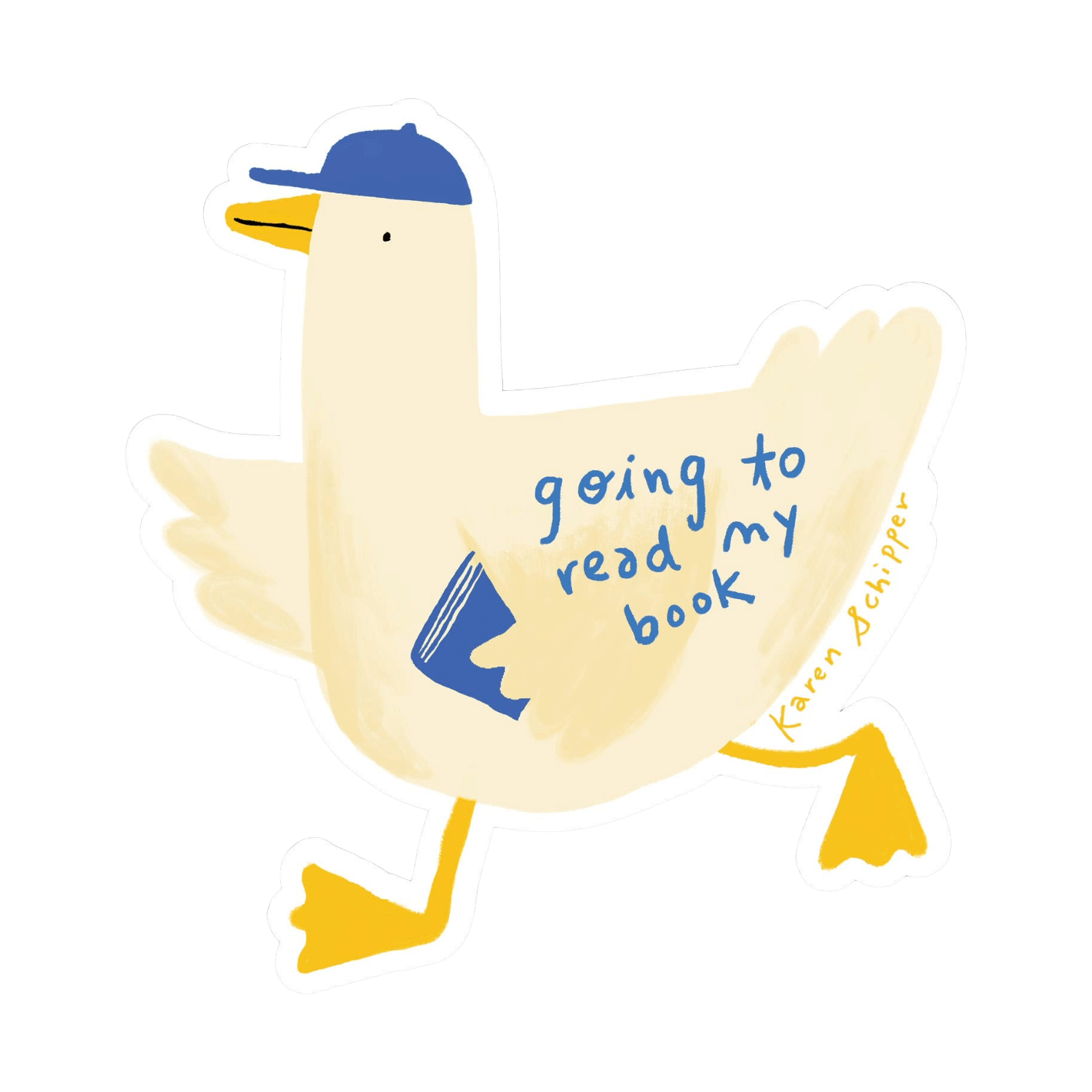 Illustration of a duck with a book and text 'going to read my book' 