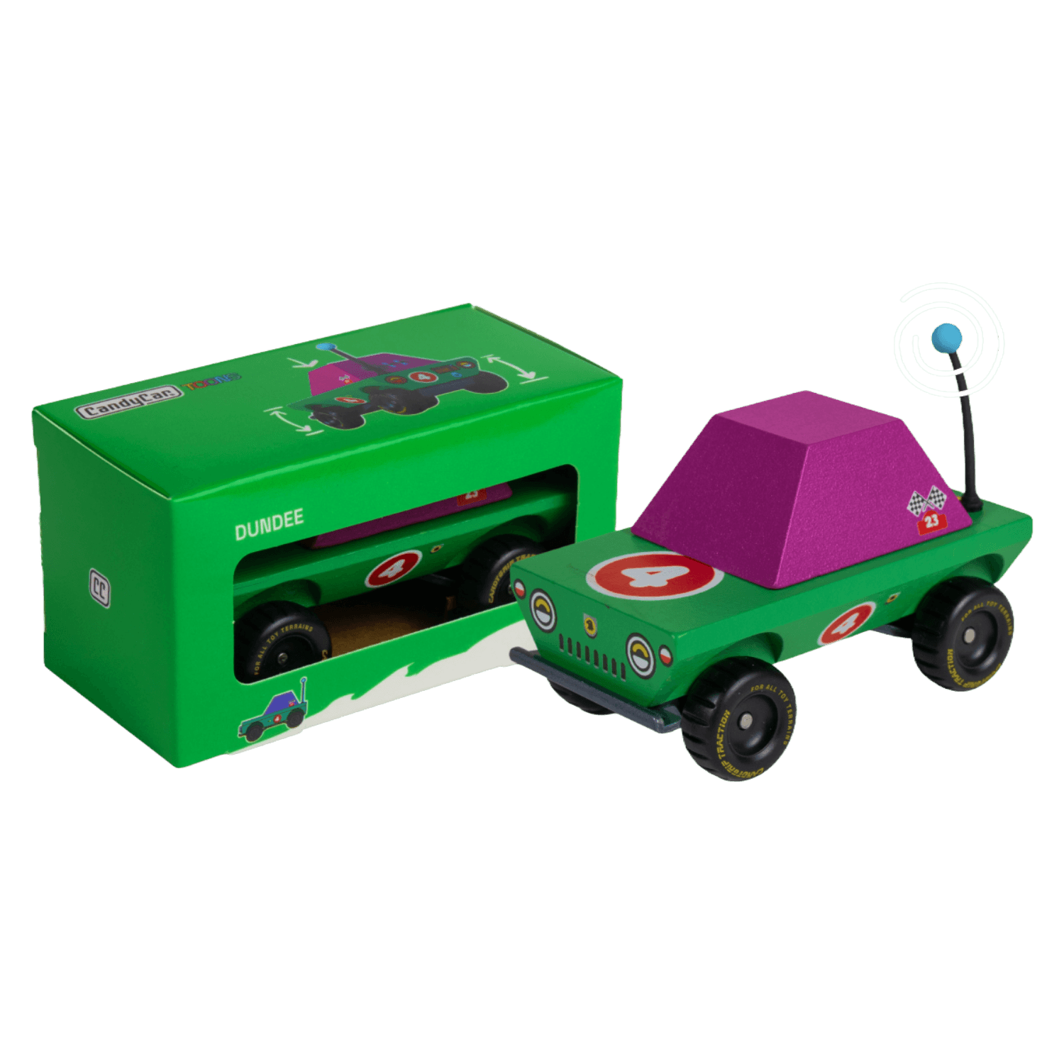 Toy car with purple roof and green body next to its packaging
