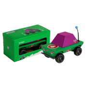 Toy car with purple roof and green body next to its packaging