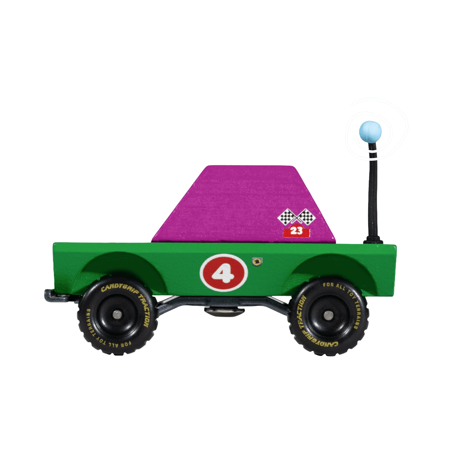 Toy truck with a purple ramp and checkered flag