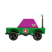 Toy truck with a purple ramp and checkered flag