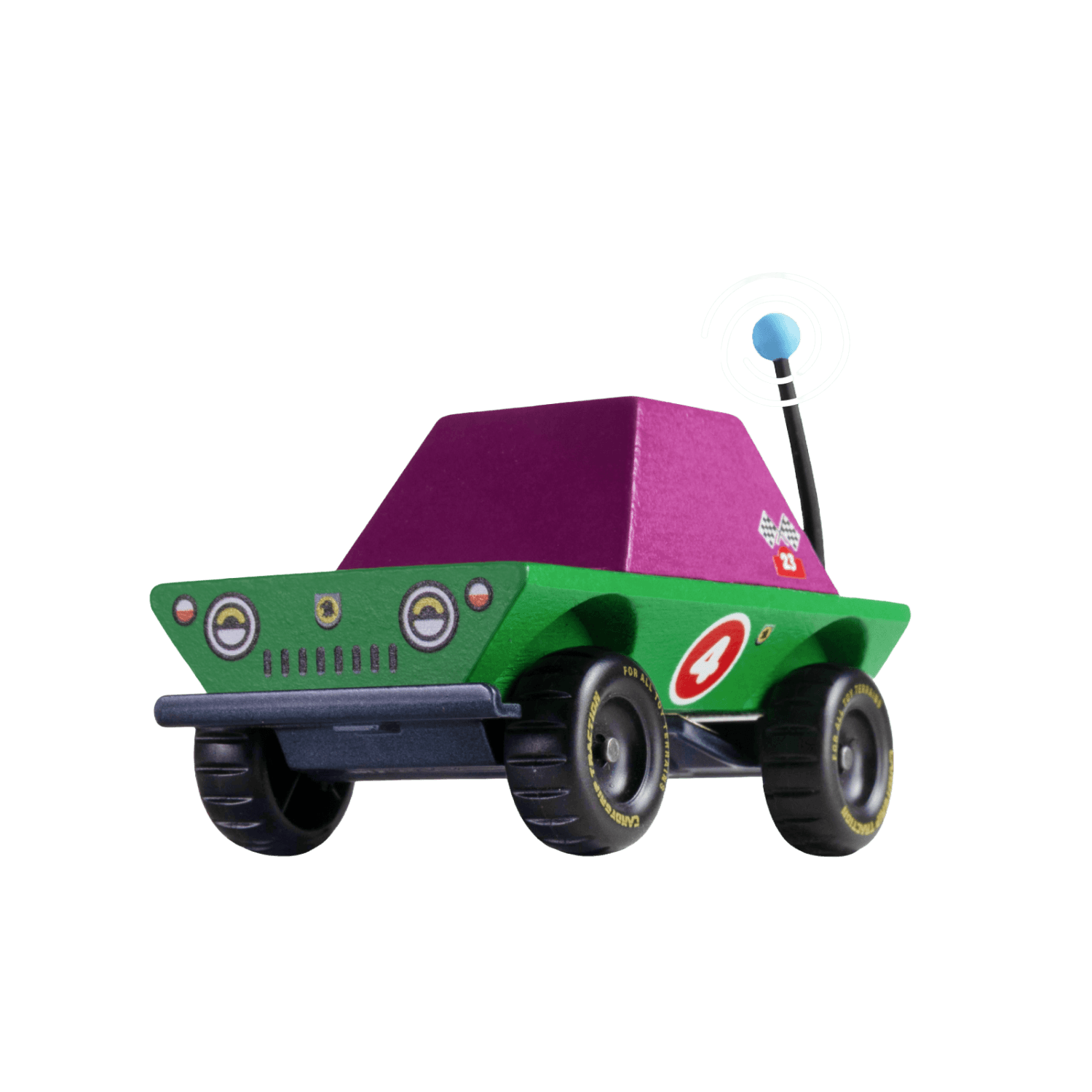 Toy car with purple top and green body