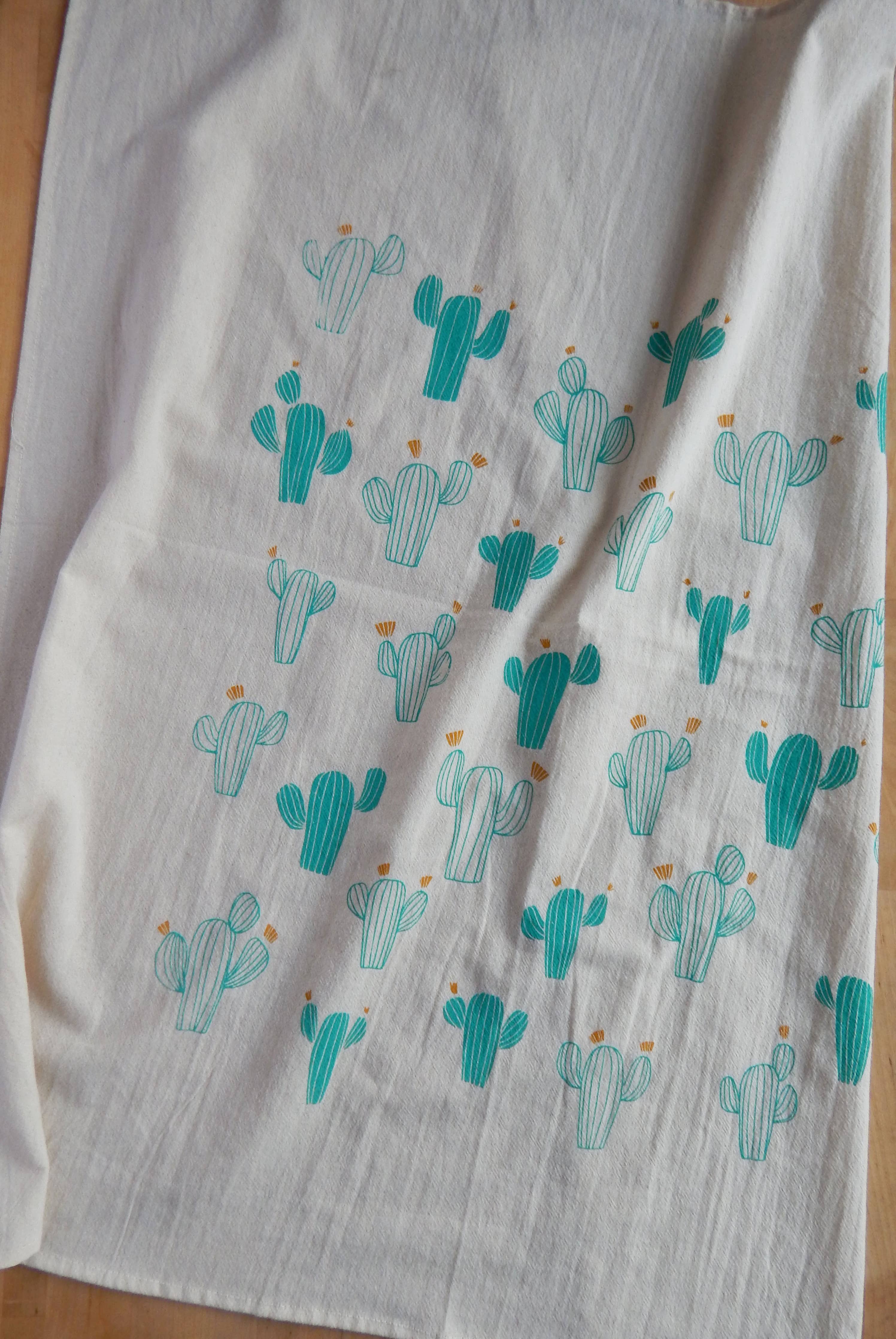 Cacti Towel, Handprinted Cotton Kitchen Towel