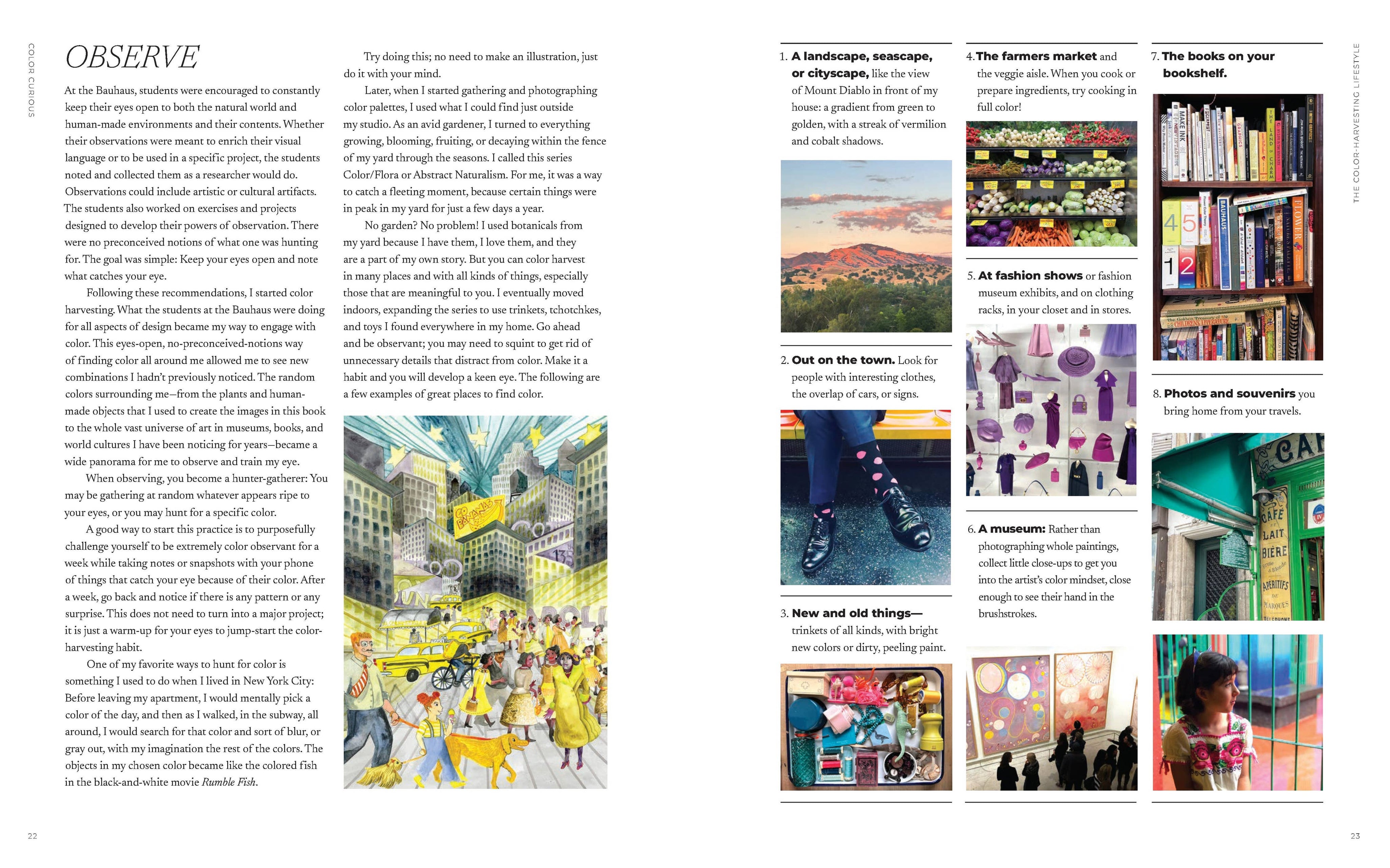 Book page layout with text on the left and colorful images on the right.